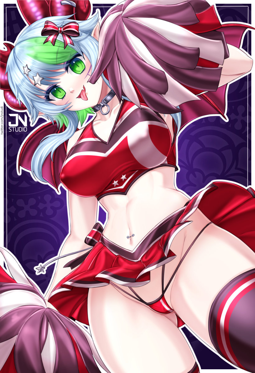 :p, 1girls, armpit, armpit crease, armpit fetish, armpits, ass, ass peek, ass visible through thighs, below view, big breasts, blush, bow, breasts, cheerleader, cheerleader outfit, cheerleader uniform, choker, collar, collarbone, contrapposto, covered nipples, cowboy shot, demon horns, demon wings, dutch angle, erect nipples, fang, female, female only, from below, froot, green eyes, green hair, grey hair, hair ornament, hairbow, happy, horn piercing, horns, impossible clothes, impossible fit, indie virtual youtuber, jnstudio, looking at viewer, looking down, medium breasts, messy hair, midriff, miniskirt, multicolored hair, navel, navel piercing, oerba yun fang, open mouth, open smile, panties, pantyshot, parted bangs, pierced belly button, piercing, playful, playful smile, pointy breasts, pointy ears, pom poms, red horns, red wings, revealing clothes, scarz, short hair, sidelocks, simple background, skimpy clothes, skirt, skirt lifted by self, sleeveless, slim, slim waist, smile, sneakers, solo, standing, star hair ornament, streaked hair, swept bangs, tank top, thick thighs, thighhighs, thighs, thong, tongue, tongue out, v-line, v-neck, virtual youtuber, vtuber, wide hips, wings
