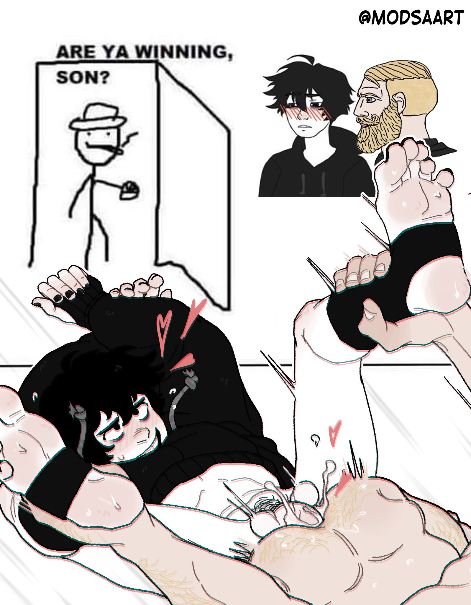 are ya winning son, beard, blonde hair, chad (meme), cum, cumming, doomer boy, gay, male, male only, meme, modsa666, mutual penetration, size difference, wojak comics