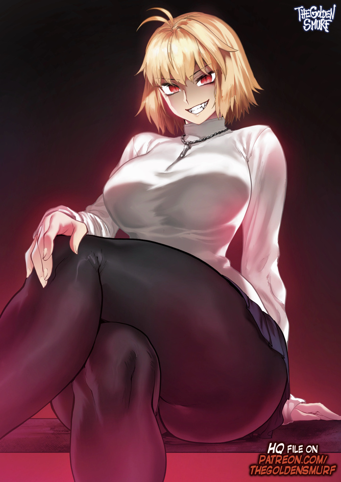 antenna hair, arcueid brunestud, ass, black pantyhose, black skirt, blonde hair, breasts, commentary, crossed legs, english commentary, evil smile, fangs, female, jewelry, large breasts, long sleeves, looking at viewer, medium hair, miniskirt, necklace, paid reward available, pantyhose, red eyes, simple background, sitting, skirt, smile, solo, sweater, teeth, thegoldensmurf, thick thighs, thighs, tsukihime, tsukihime (remake), turtleneck, turtleneck sweater, white sweater