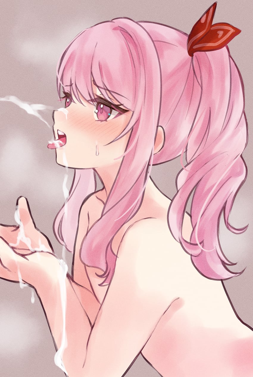 akiyama mizuki, blush, bow, cum, cum on body, cum on face, cum on hand, cum on hands, facial, genmai komeko, naked, nude, pink eyes, pink hair, project sekai, sweatdrop, tongue, tongue out, trans woman, transfem