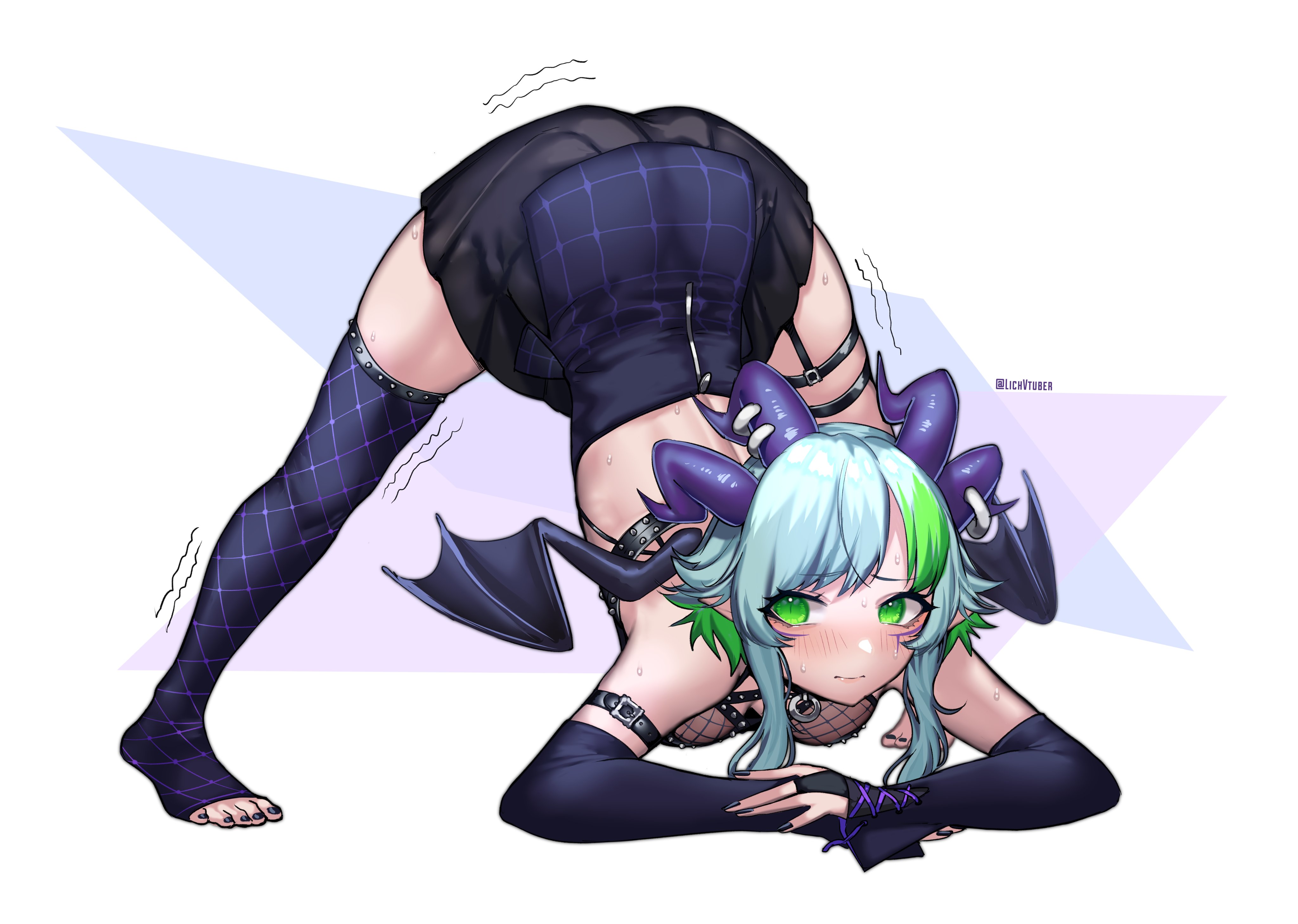 1girls, absurd res, absurdres, arched back, arm strap, artist name, ass, ass up, avoiding eye contact, bare shoulders, big ass, big breasts, blush, breast harness, breasts, bridal gauntlets, bsapricot, demon horns, demon wings, detached sleeves, female, fishnet topwear, fishnets, froot, goth, goth girl, green eyes, green hair, grey hair, harness, high resolution, highres, horn piercing, horns, indie virtual youtuber, jack-o pose, jack-o' pose, jackochallenge, large ass, lich, looking away, medium breasts, multicolored hair, nail polish, nervous, nervous expression, nervous face, nervous smile, nervous sweat, painted nails, parted bangs, pointy ears, purple nails, short hair, shoulders, sidelocks, simple background, skirt, solo, streaked hair, sweat, swept bangs, thick thighs, thigh strap, thighhighs, toeless legwear, top-down bottom-up, tremble lines, trembling, twitter username, virtual youtuber, vtuber, wings