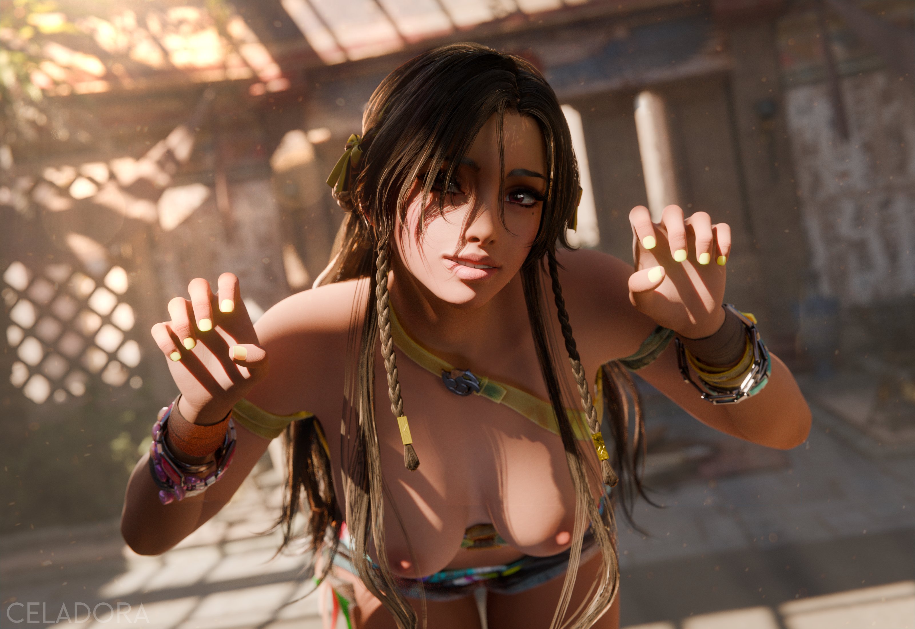 1girls, 3d, 3d render, artist name, blender (software), breasts, brown hair, celadora, dark-skinned female, long hair, looking at viewer, miary zo, mole, mole under eye, nail polish, nipples, red eyes, solo female, tekken, tekken 8, tribal jewelry, whitewashed