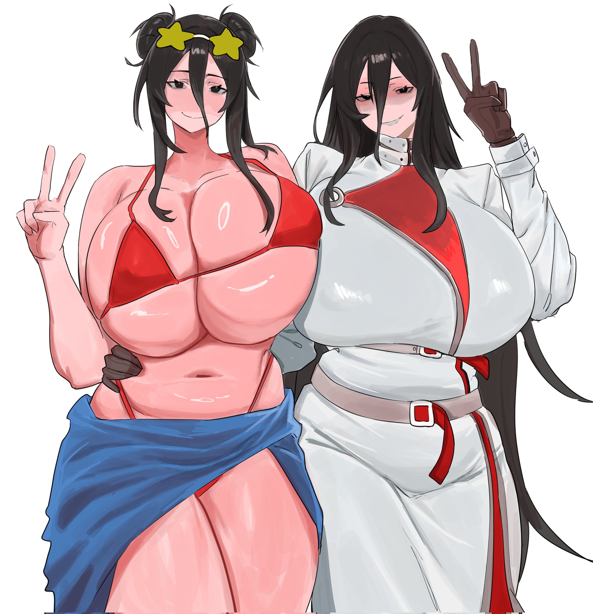 2girls, anomaly, artist request, belly, big breasts, bikini, bikini bottom, bikini top, black hair, breasts, coat, eldritch horror, hair between eyes, hair bun, how to date an entity (and stay alive), huge breasts, long hair, looking at viewer, mrs (how to date an entity (and stay alive), pale skin, peace sign, sarong, smiling, smiling at viewer, star glasses, thighs, unknown artist