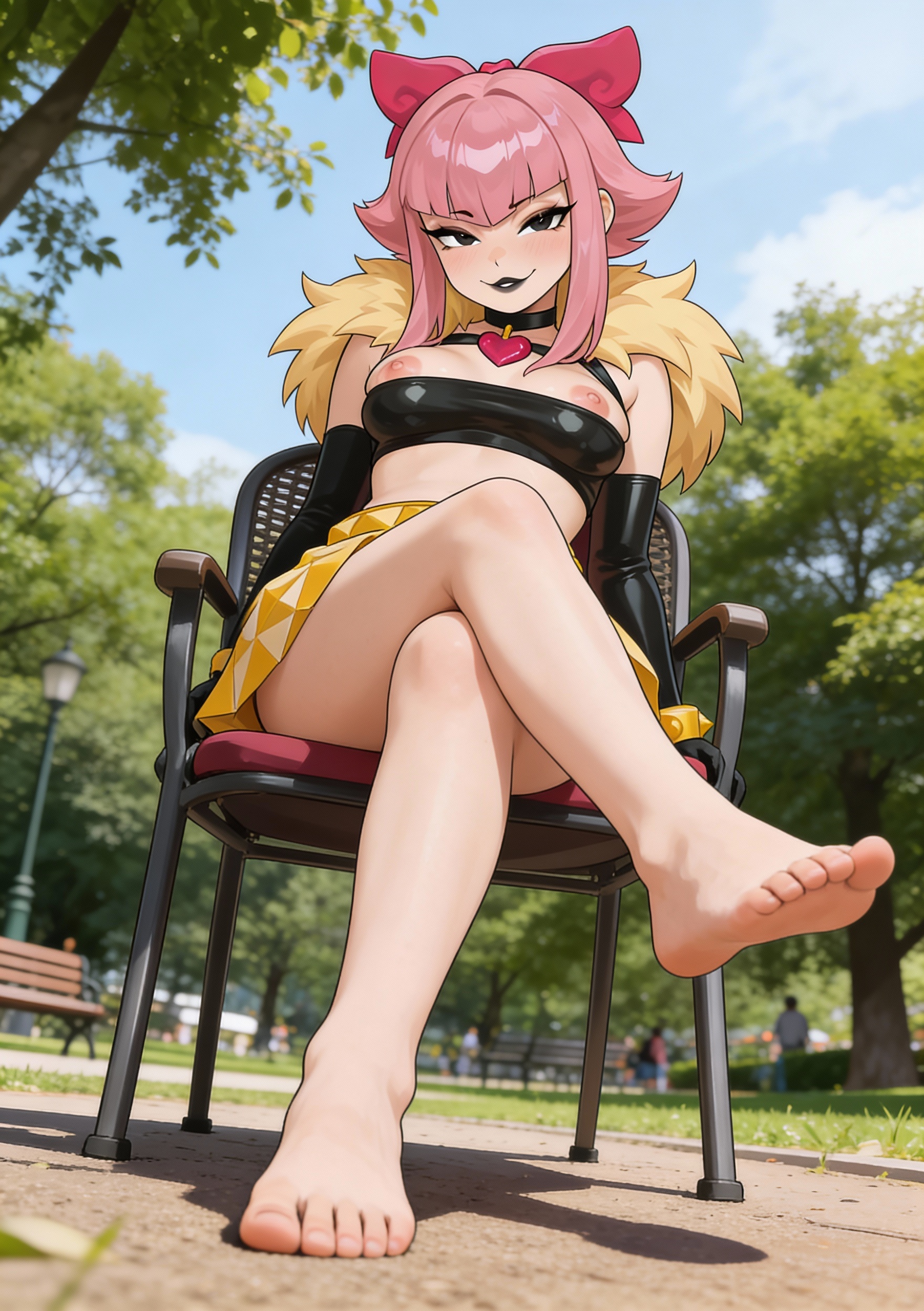 ai, ai generated, black lipstick, brawl stars, crossed legs, feet, flashing breasts, kpop, melodie (brawl stars), park, pink hair, public, short hair, sitting, skirt