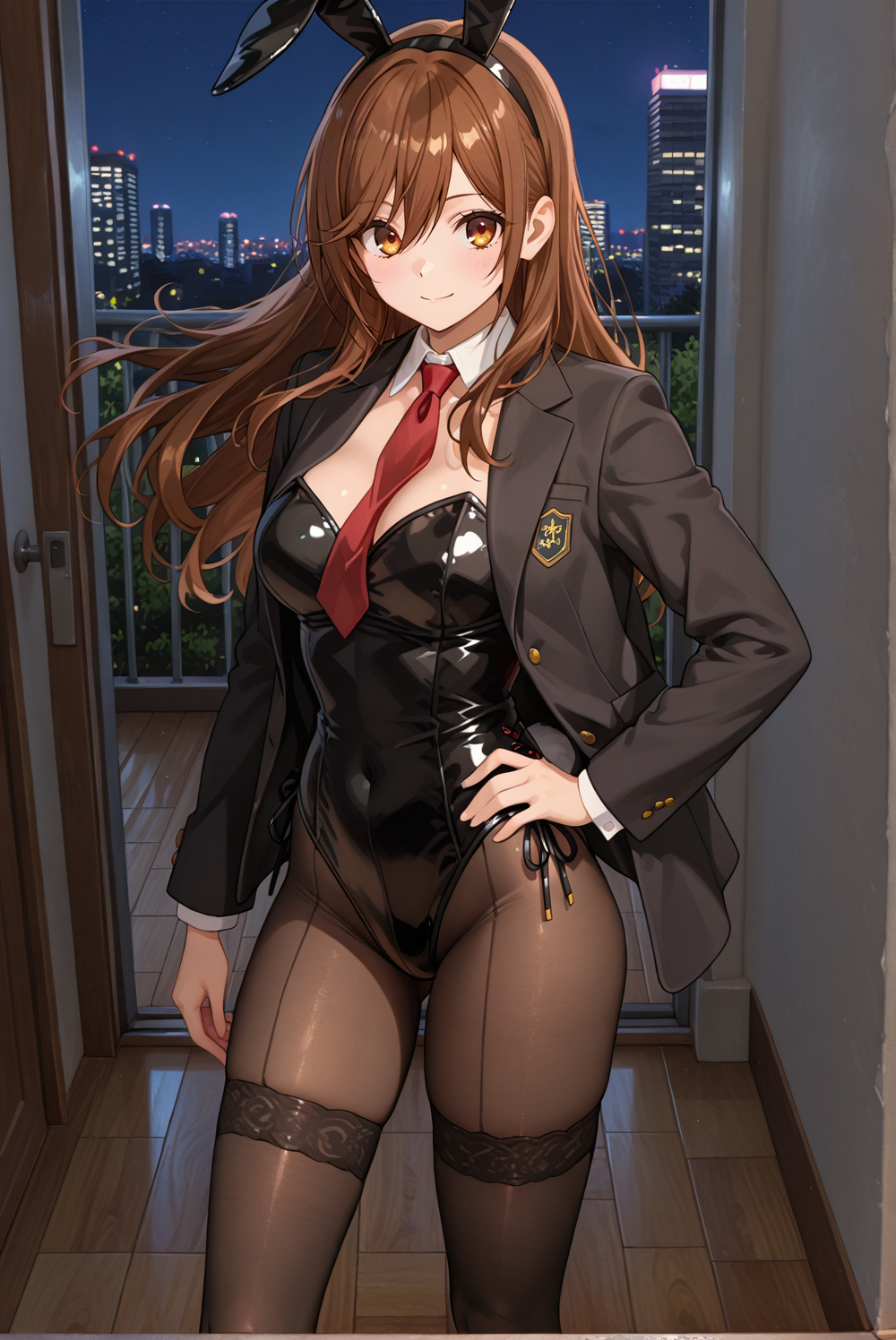 1boys, 1girls, ai, ai art, ai generated, brown eyes, brown hair, bunny ears, bunny girl, bunnygirl, bunnysuit, fishnet pantyhose, hori kyouko, horimiya, money, paid, pantyhose