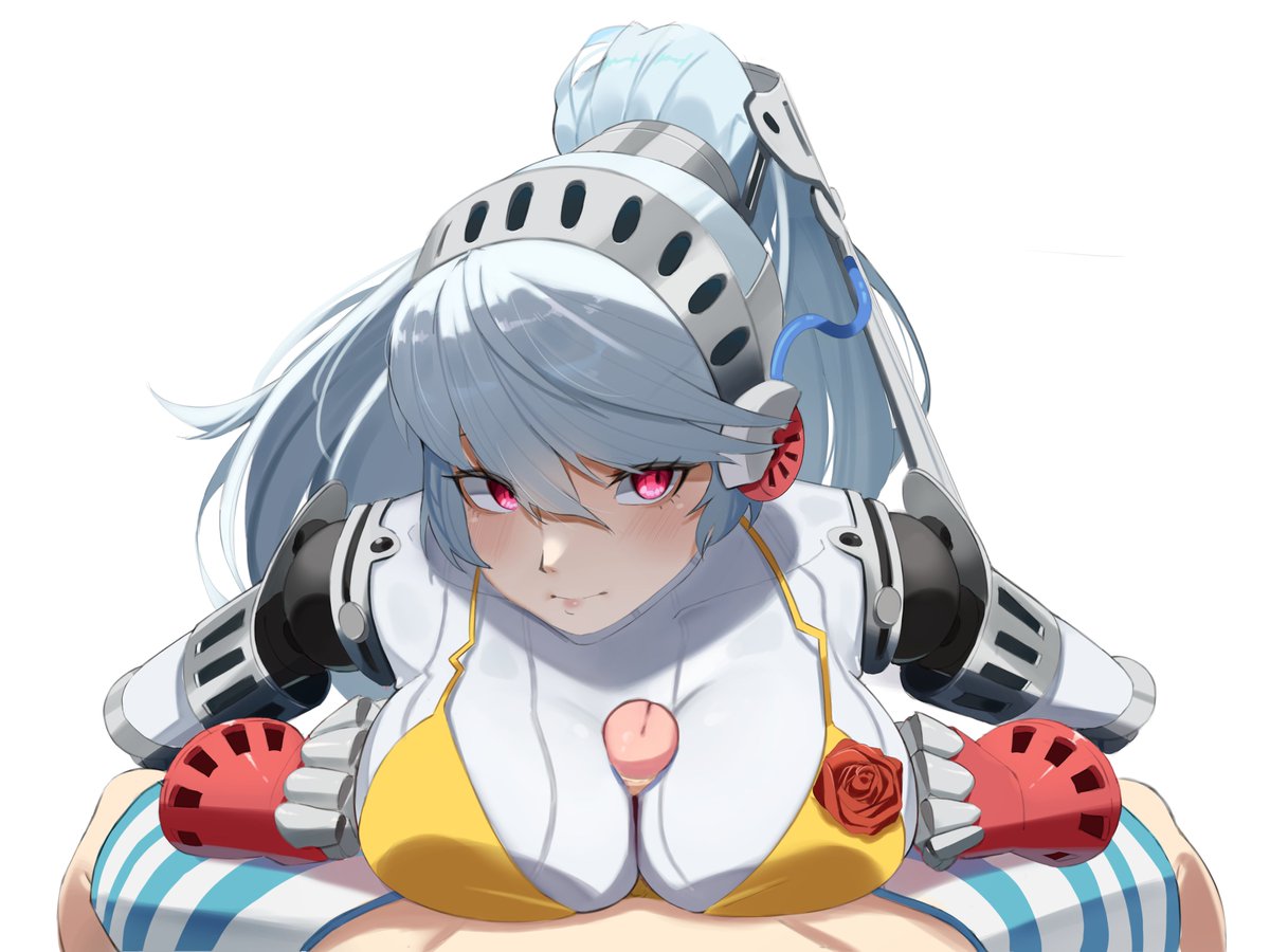 bikini, chan mimmy, eye contact, labrys, paizuri, paizuri under clothes, persona, persona 4, persona 4 arena ultimax, robot, robot girl, silicone, teddie
