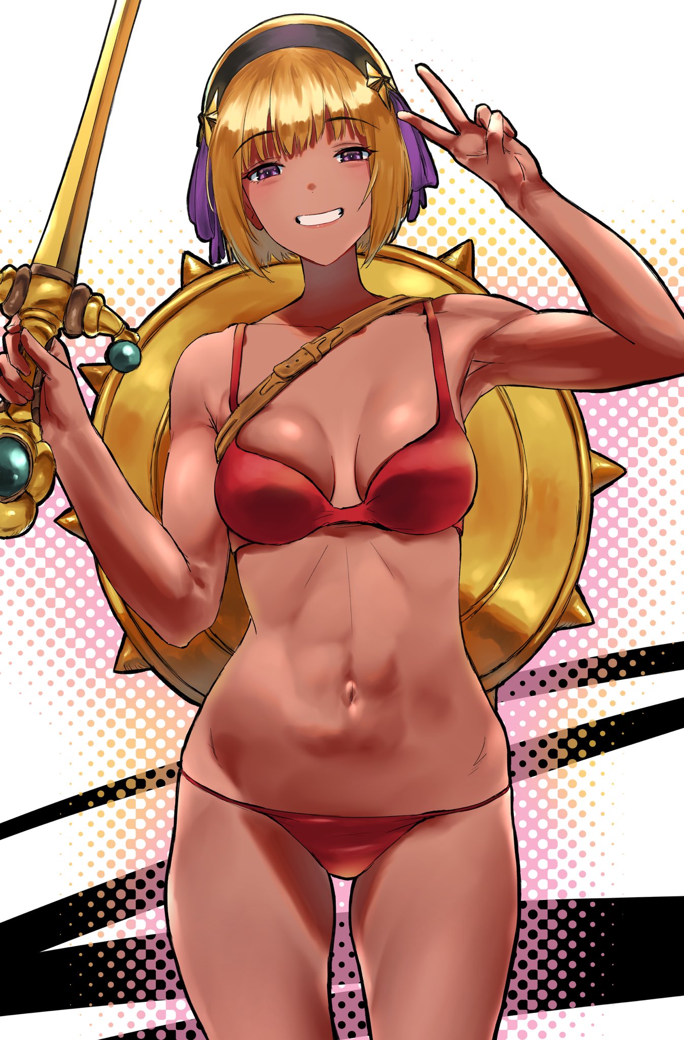 athena_asamiya beniazumaru bikini blonde_hair gold gold_(metal) gyaru hair_ornament jewel king_of_fighters medium_breasts pink_eyes shield short_hair smile snk star sword v