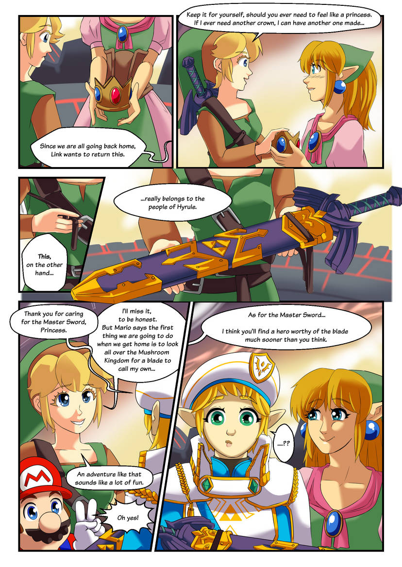 blonde_hair breath_of_the_wild coming_out crown dress fieryjinx link link_(breath_of_the_wild) mario_(series) princess_peach sword the_legend_of_zelda tomboy trans_woman_(lore) tunic wholesome