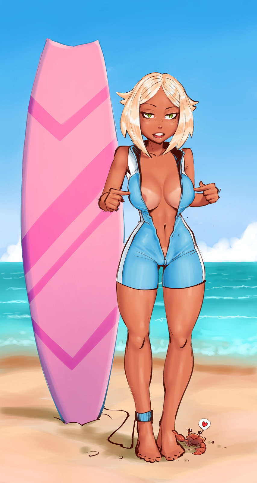 bbc-chan beach blonde_hair castania green_eyes sea solo surfboard tan tan_lines unzipped wetsuit