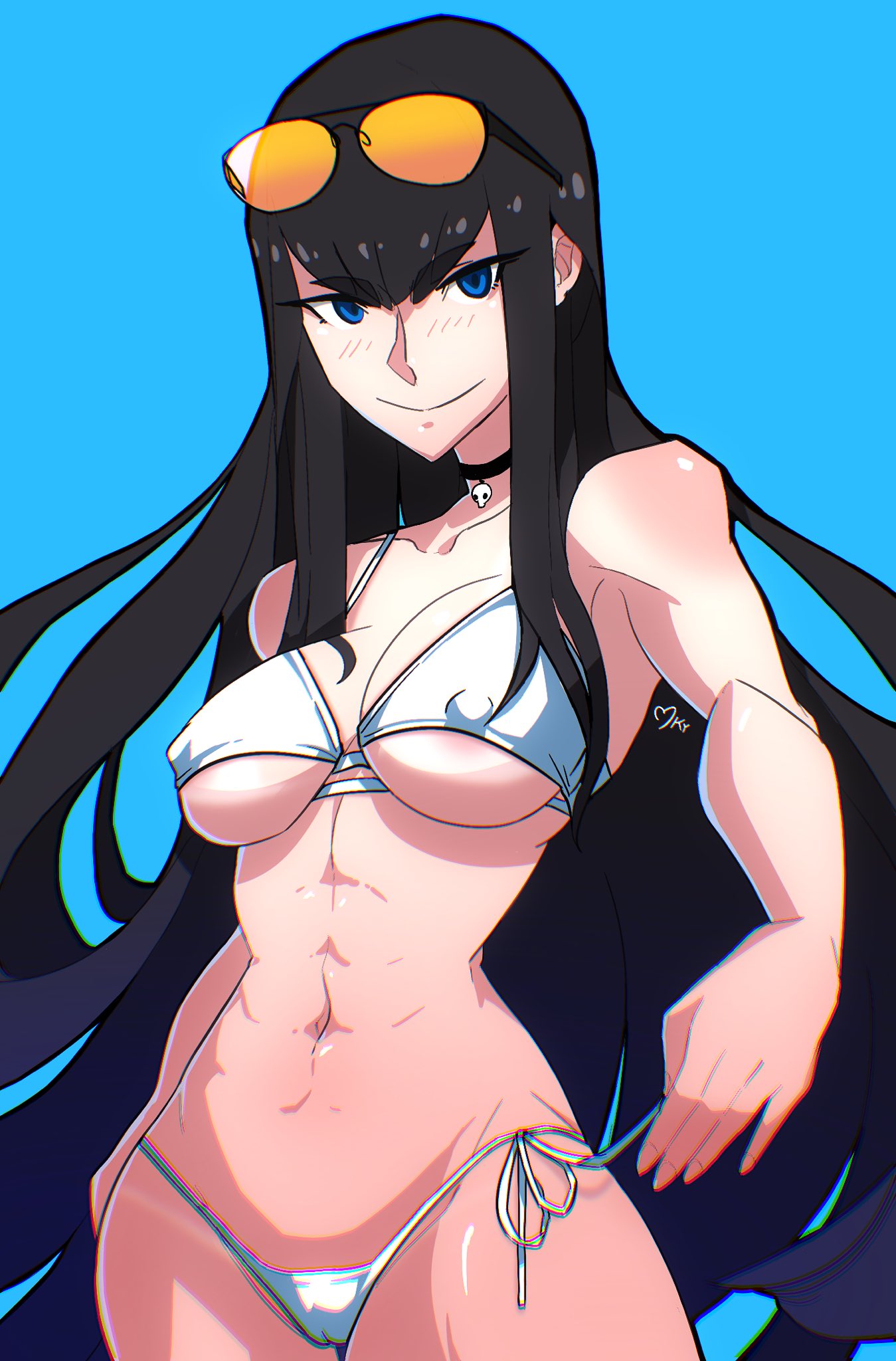 1girls abs big_breasts bikini black_hair blue_eyes cameltoe choker eyewear_on_head female female_only kill_la_kill kiryuuin_satsuki kythuulu long_hair micro_bikini nipple_bulge smile solo sunglasses sunglasses_on_head