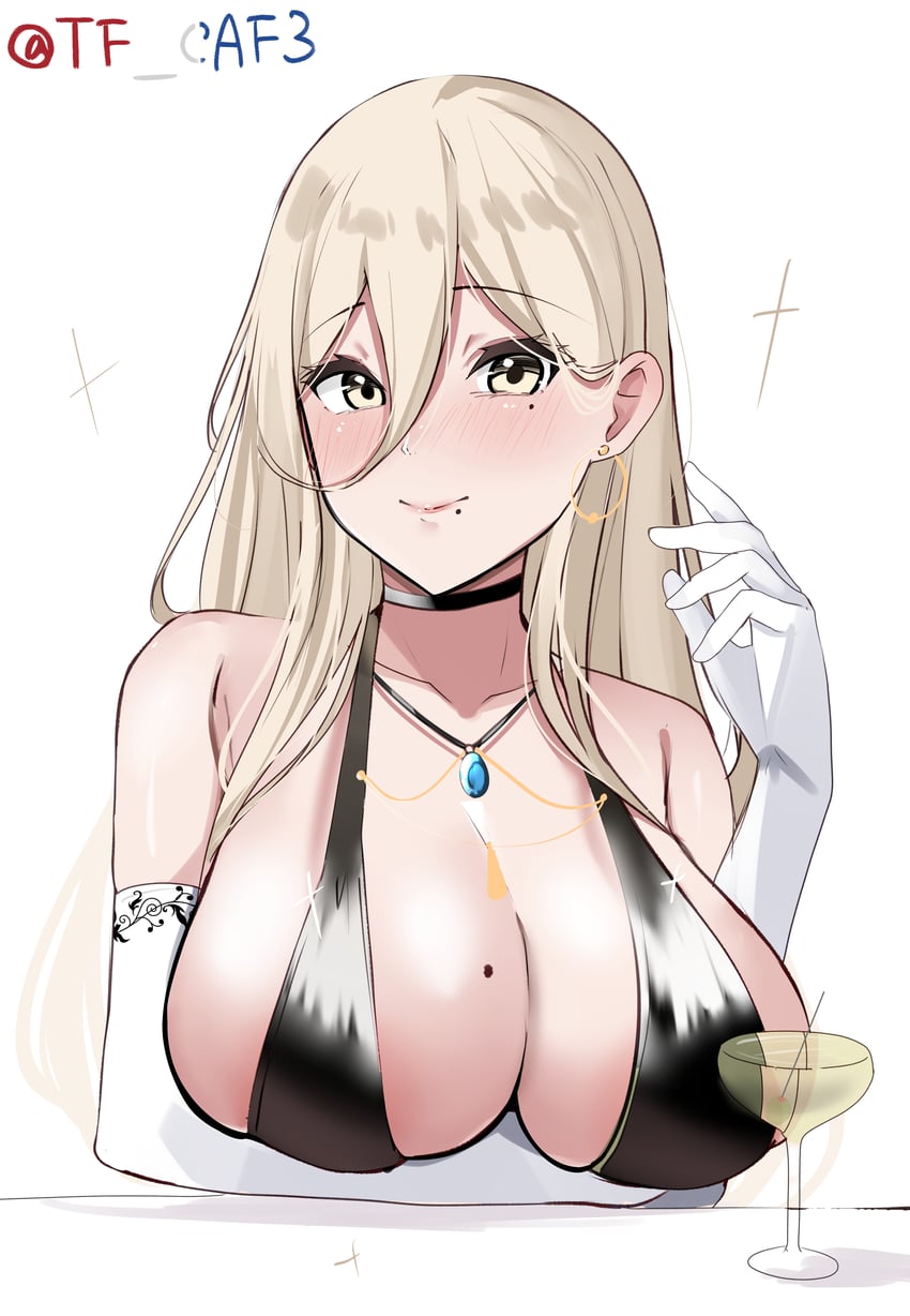 absurdres alcohol artist_name black_dress blonde_hair blue_eyes breasts champagne cleavage cocktail_dress cup dress drinking_glass elbow_gloves female formal gloves hair_between_eyes highres huge_breasts kantai_collection long_hair mole mole_on_breast mole_under_eye richelieu_(kantai_collection) smile solo tf_cafe upper_body white_gloves