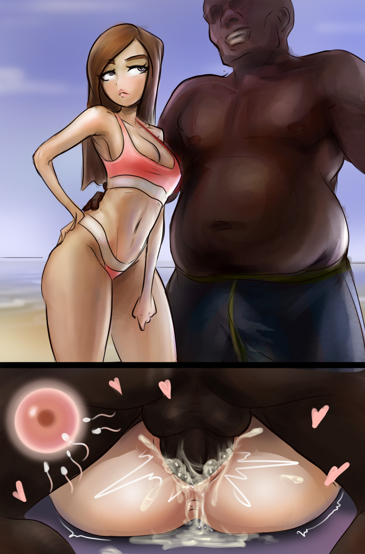 1boy, 1girls, angry, annoyed, arrogant, beach, bikini, blackingyourwaifu, brown hair, cross section, cum, cum in pussy, cum inside, cum overflow, dark skin, dark-skinned male, female, impregnation, instant loss 2koma, interracial, larger male, light skin, light-skinned female, male, mating press, mind break, missionary position, outside sex, ovum, pale skin, pale-skinned female, pussy, sex on the beach, size difference, smaller female, straight, vaginal penetration