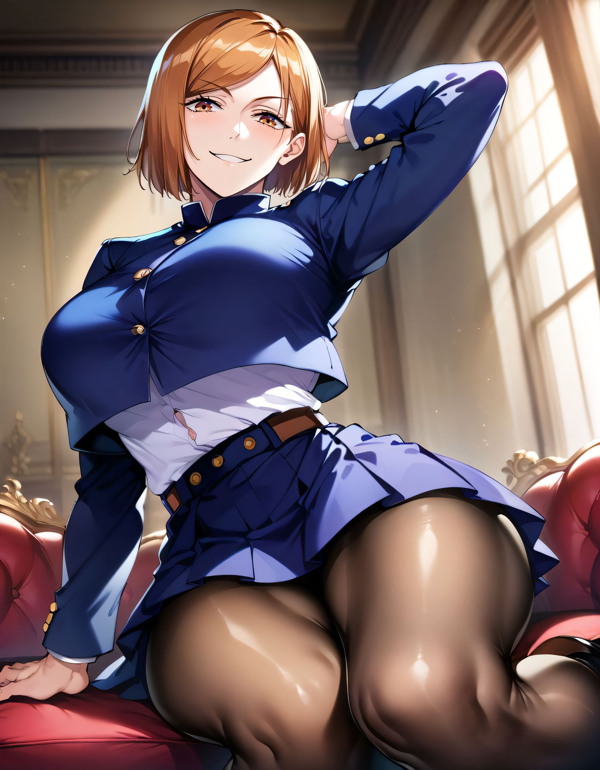 1girls, ai generated, alternate breast size, big breasts, breasts, busty, clothed, curvaceous, curvy, curvy body, curvy female, curvy figure, female, huge breasts, jujutsu kaisen, kugisaki nobara, large breasts, looking at viewer, school uniform, sitting, skirt, solo, sweat, sweating, sweaty, sweaty body, sweaty breasts, thick thighs, thighs, venus body, voluptuous