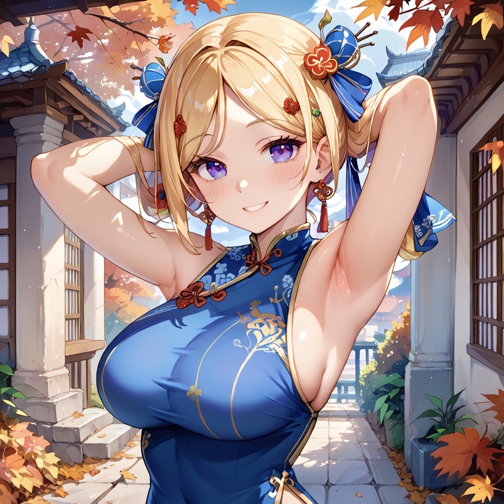 1female 1girls ai_generated aki_rosenthal armpits arms_up big_breasts breasts chinese_clothes commentary_request english_commentary female female_only highres hololive light_skin looking_at_viewer mixed-language_commentary outdoors outside smile smiling smiling_at_viewer standing very_high_resolution virtual_youtuber vtuber