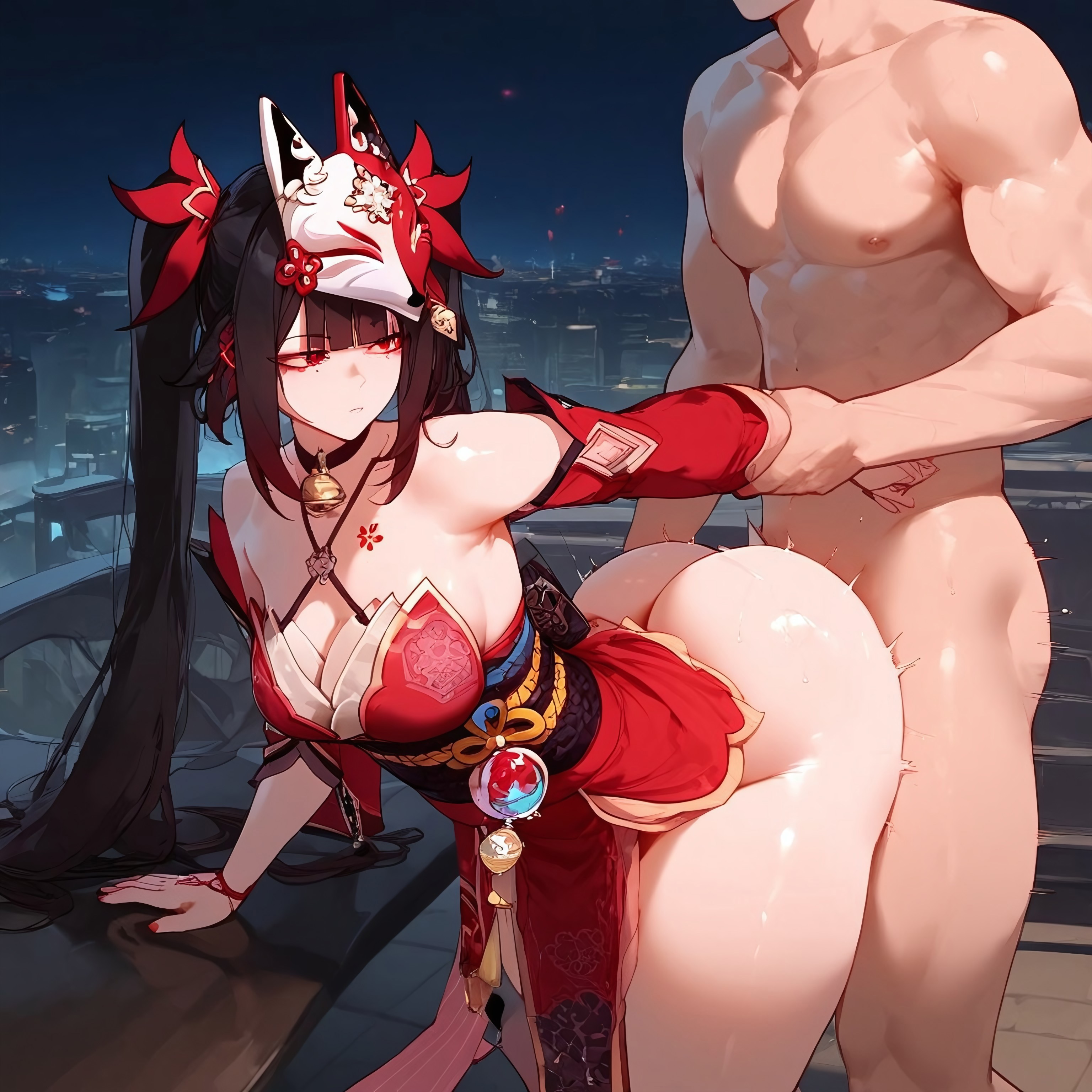 1boy, 1girls, 2d, ai generated, ass, ass up, balls, big ass, big balls, big breasts, big butt, big penis, breasts, bubble ass, bubble butt, clothed, clothed sex, clothing, doggy style, female, from behind, from behind position, honkai: star rail, huge ass, huge balls, huge breasts, huge butt, huge cock, male, penetration, penis, sex, sex from behind, sparkle (honkai: star rail), standing, standing sex