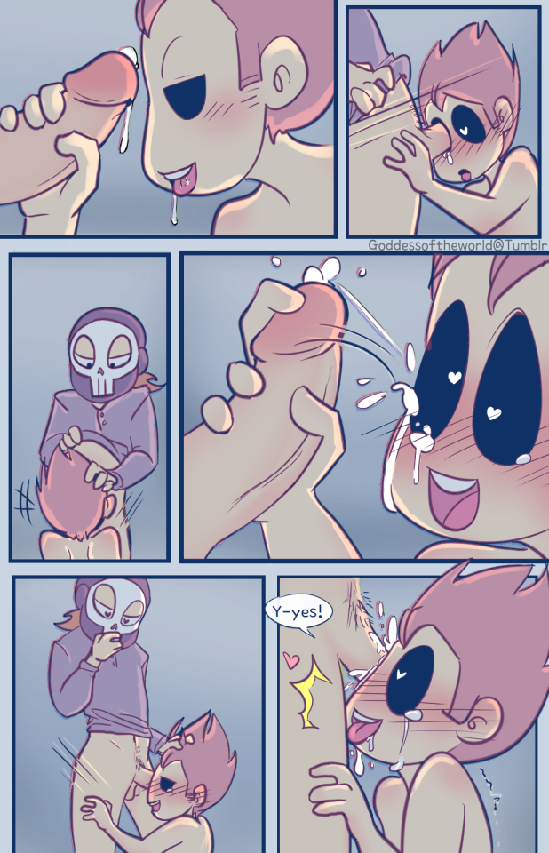 :d blonde_hair cartoony comic comic_page comic_panel cum cum_drip cum_heart cum_in_eye cum_in_mouth eddsworld eye_fucking femboy friends gay goddessoftheworld_(artist) heart_eyes male male_focus male_only male_penetrating mask masked masked_male speech speech_bubble spiky_hair tom tom_(eddsworld) toony tord tord_(eddsworld) tumblr_username yaoi