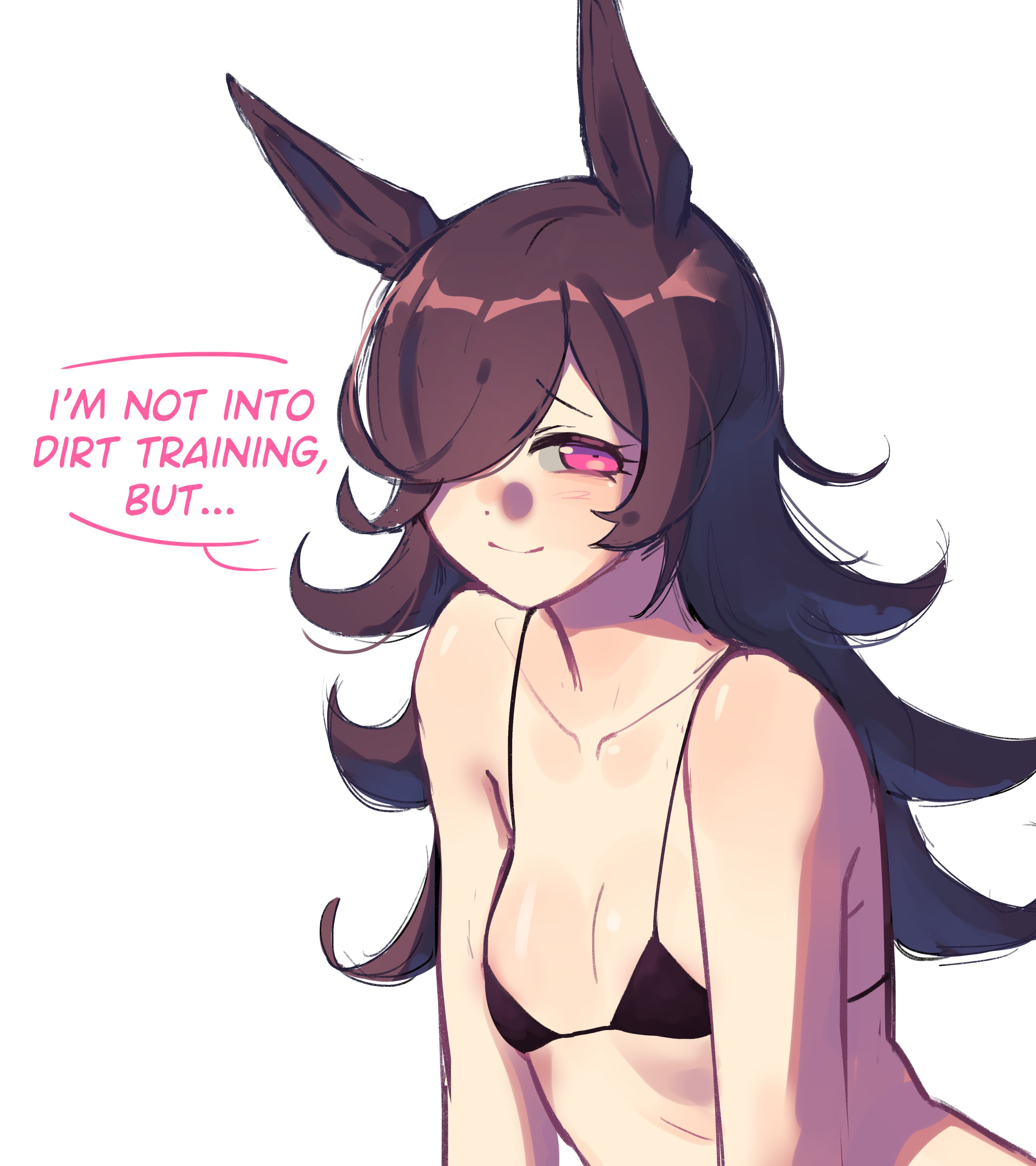 1girls, 2ockyourdoors, black bra, blush, bra, brown hair, female, hair over one eye, horse ears, horse girl, long hair, pink eyes, rice shower (umamusume), solo, solo female, umamusume