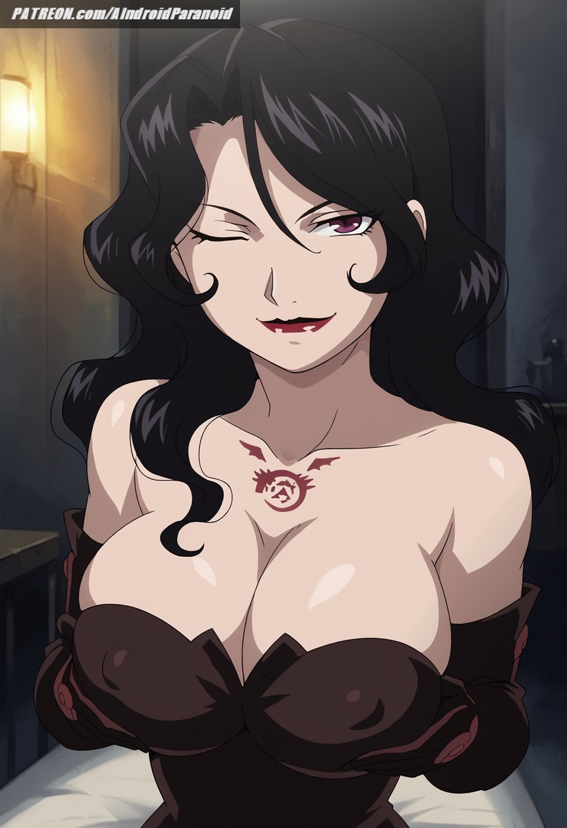 ai_generated aindroidparanoid bedroom big_breasts black_hair breasts busty cleavage curvy evil_smile female female_only fullmetal_alchemist fullmetal_alchemist_brotherhood grabbing_own_breast hips homunculus huge_breasts indoors large_breasts lust lust_(fullmetal_alchemist) massive_breasts narrow_waist nipples pale_skin parted_lips red_eyes seductive squeezing_breasts stable_diffusion voluptuous waist wavy_hair