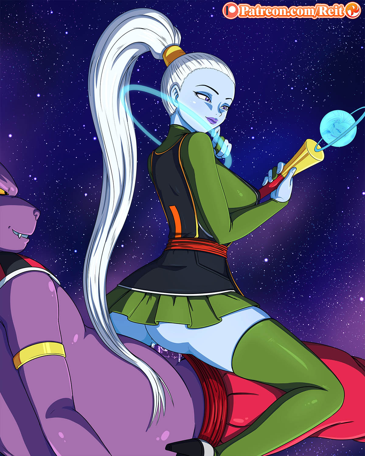 1boy blue_skin champa clothed_sex dragon_ball dragon_ball_super female male reit reverse_cowgirl_position skirt space vados vaginal_penetration white_hair