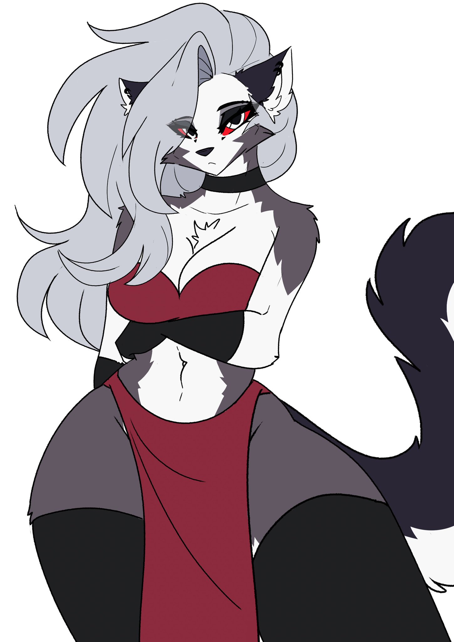 1girls, anthro, anthro only, belly, black stockings, bra, female, female anthro, female focus, female only, grey hair, grey-haired female, helluva boss, james andromeda, long hair, long-haired female, looking at viewer, loona (helluva boss), navel, red bra, solo, solo female, solo focus, stockings, stomach, thighs, tummy, wolf ears, wolf girl, wolf tail