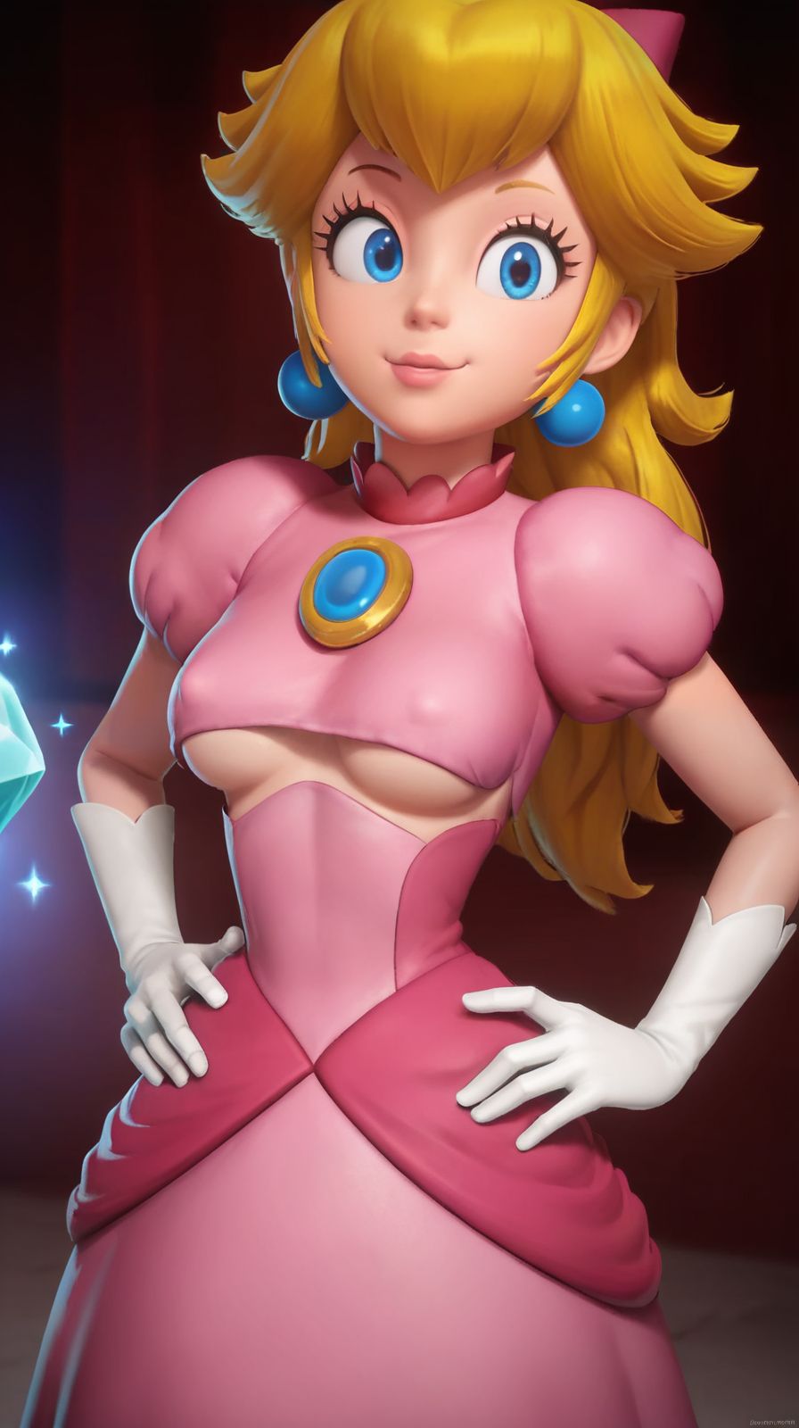 ai_generated autismmix_pony(model) blonde_hair blue_eyes breasts covered_nipples crown dutch_angle female gloves indoors looking_at_viewer mario_(series) marusame perky_nipples pink_dress princess_peach princess_peach:_showtime! smile smirk solo stable_diffusion standing underboob white_gloves