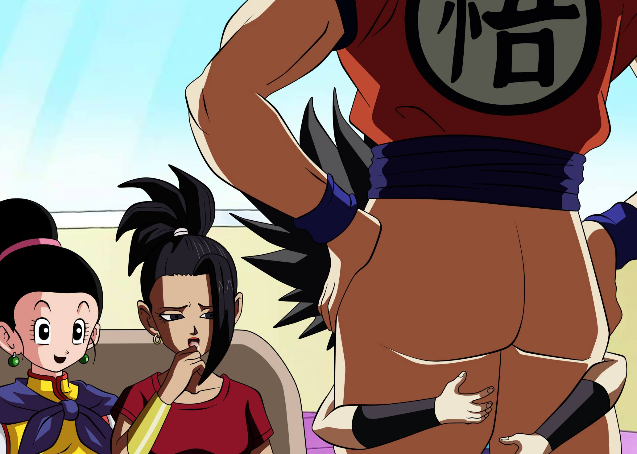 1boy, 3girls, black eyes, black hair, breasts, canon couple, caulifla, cheating, chichi, cuckquean, dicasty, dragon ball, dragon ball super, fellatio, female, goku, husband and wife, implied fellatio, kale, light skin, light-skinned female, long hair, male, male focus, multiple females, multiple girls, oral, reverse netorare, saiyan, son goku, spiky hair, straight, swingers, universe 6 saiyan/universe 7 saiyan, universe 6/universe 7