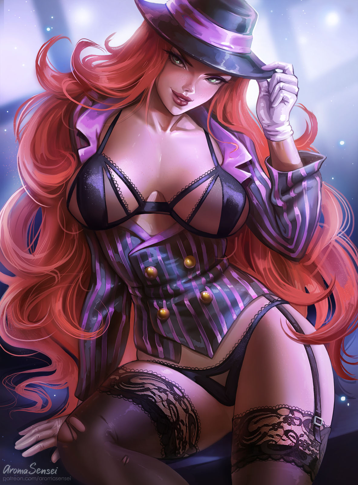 aroma_sensei big_breasts bra breasts cleavage crime_city_miss_fortune debonair_series female female_only garter_belt gloves large_breasts league_of_legends lingerie looking_at_viewer miss_fortune panties pinstripe_pattern pinstripe_suit red_hair redhead solo stockings thighhighs thong very_long_hair white_gloves