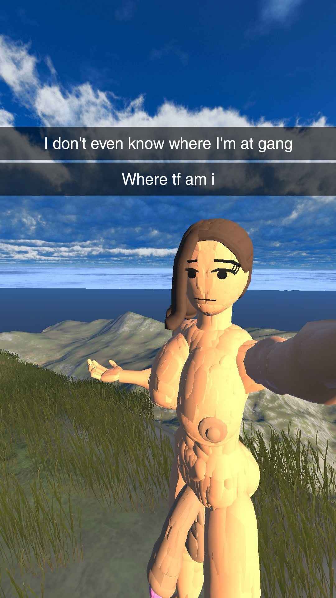 3d big_ass big_balls big_breasts big_penis brown_hair burntspice2 day futanari grass_field hyper_penis mountain muscular muscular_futanari naked ocean ocean_background rec_room recroom recroom-nsfw selfie shitpost short_hair snapchat solo solo_futa straight_face taylor_greene_(character)