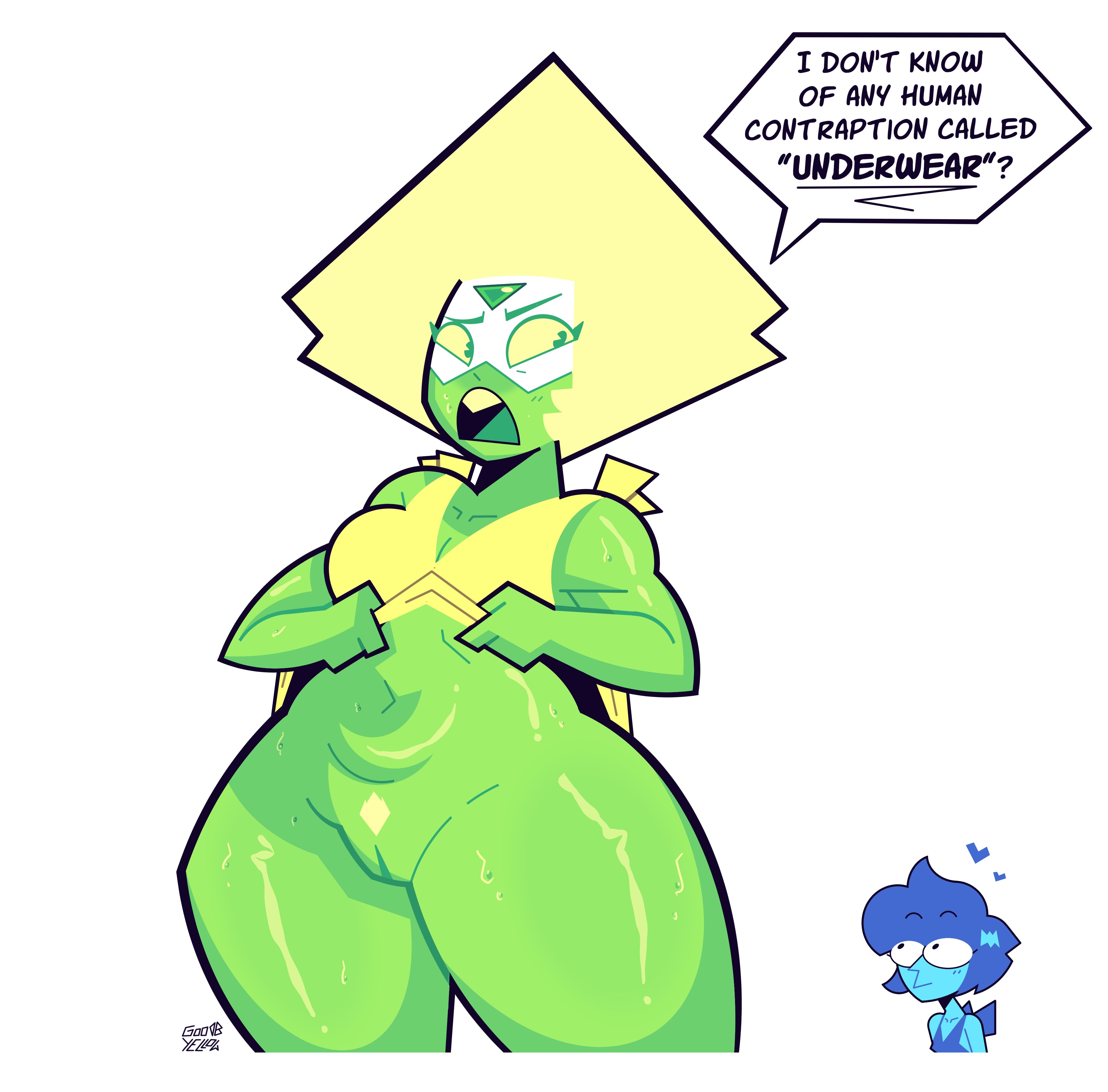 2girls, alien, alien girl, alien humanoid, blush, bottom heavy, bottom heavy female, bottomless, bottomless female, cartoon network, casual, clothing, dres, earth customs, female, female focus, female only, gem (species), goodbyellow, hellavenderr, lapis lazuli (steven universe), multiple females, multiple girls, nonsexual, nonsexual nudity, peridot (steven universe), pussy, steven universe, sundress, talking, talking to partner, vagina, yuri