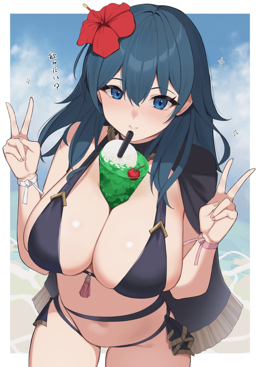 between_breasts bikini black_bikini blue_eyes blue_hair breasts bubble_tea_challenge byleth_(female)_(fire_emblem) byleth_(female)_(summer)_(fire_emblem) byleth_(fire_emblem) byleth_(fire_emblem)_(female) cleavage cowboy_shot cup double_v drink drinking_straw female fire_emblem fire_emblem:_three_houses fire_emblem_heroes flower hair_between_eyes hair_flower hair_ornament hibiscus highres huge_breasts long_hair looking_at_viewer navel official_alternate_costume red_flower skindentation solo swimsuit translated translation_request v wabimochi