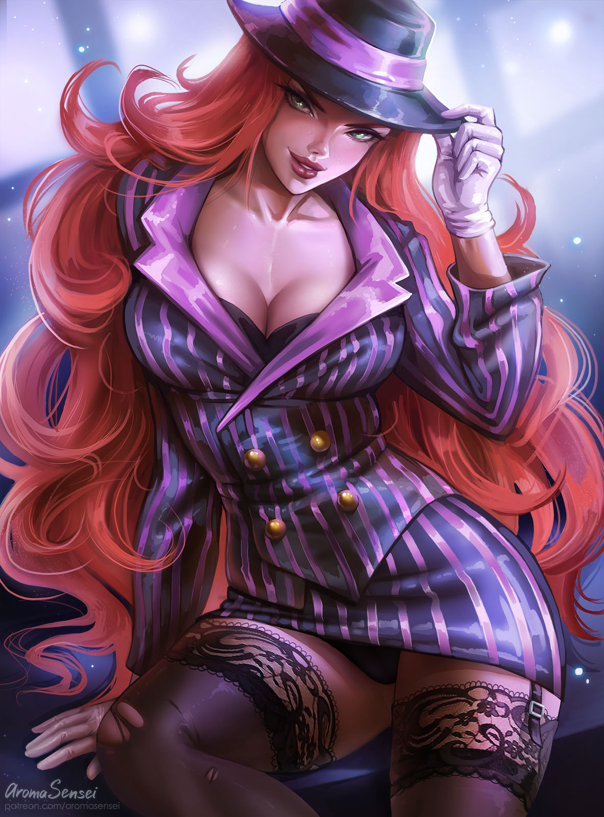 aroma_sensei breasts cleavage crime_city_miss_fortune debonair_series female female_only garter_belt league_of_legends looking_at_viewer miss_fortune panties pinstripe_pattern pinstripe_suit solo thighhighs