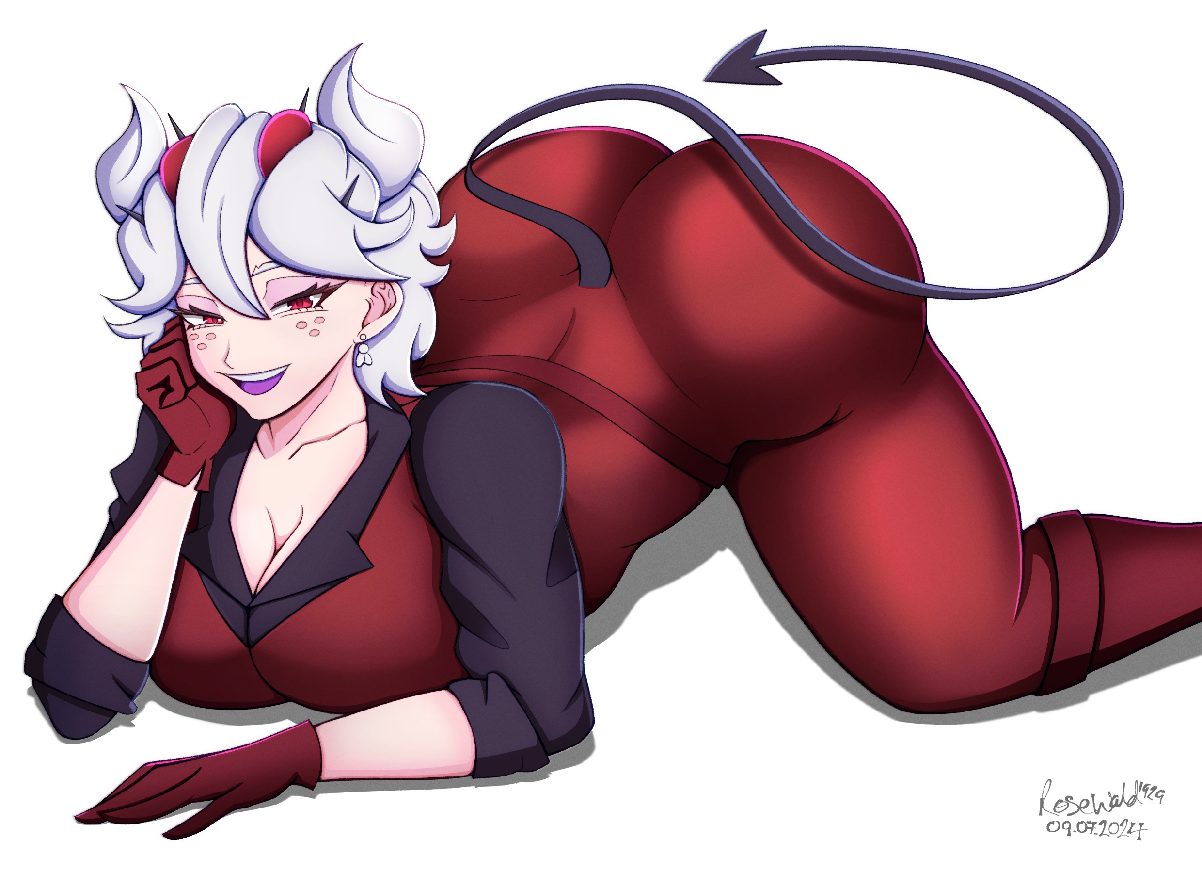1girls, all fours, ass, ass up, beelzebub (helltaker), bent knees, bent over, big ass, big breasts, breasts, cleavage, clothing, demon, demon girl, demon horns, demon tail, ear piercing, earrings, female, female only, half-closed eyes, helltaker, horns, huge ass, red eyes, rosewald1929, solo, solo female, tail, white hair