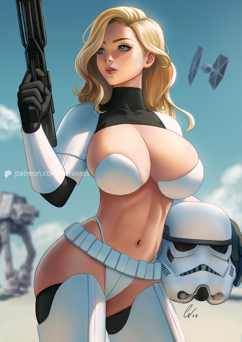 1female 1girls big_breasts bikini blonde_hair breasts female female_only geravass gun revealing_armor revealing_clothes solo solo_female standing star_wars stormtrooper thick_thighs underwear