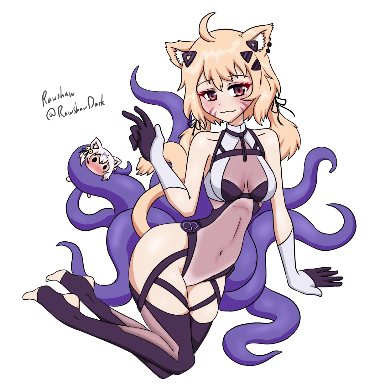 1girl :3 ahoge animal_ear_fluff animal_ears bangs bare_shoulders blonde_hair blush bow breasts cat_ears cat_tail catgirl closed_mouth covered_navel eyebrows_visible_through_hair face_markings female full_body gloves hair_bow hair_ornament long_hair looking_at_viewer low_twintails medium_breasts navel purple_legwear red_eyes ribbon simple_background solo squchan_(vtuber) tail thighhighs toeless_legwear twintails virtual_youtuber vyugen white_background