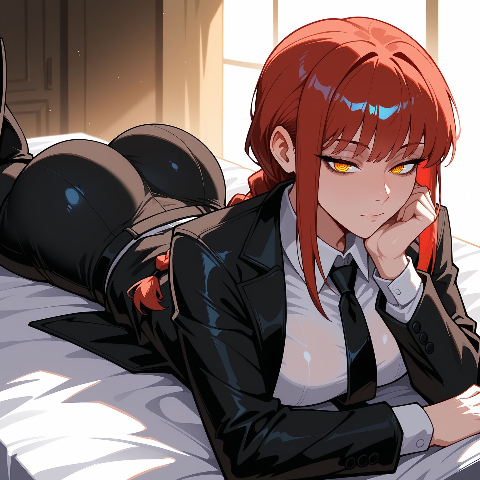 ai generated, ass, ass focus, bangs, bed, black jacket, black necktie, black neckwear, black pants, black suit, braid, braided ponytail, breasts, chainsaw man, closed mouth, clothing, collared shirt, elbow rest, female, formal, hand on own face, head rest, huge ass, indoors, jacket, large breasts, long hair, long sleeves, looking at viewer, lunaart, lying, makima (chainsaw man), necktie, on bed, on stomach, pants, red hair, ringed eyes, shirt, sidelocks, solo, suit, thighs, tight pants, white shirt, window, yellow eyes