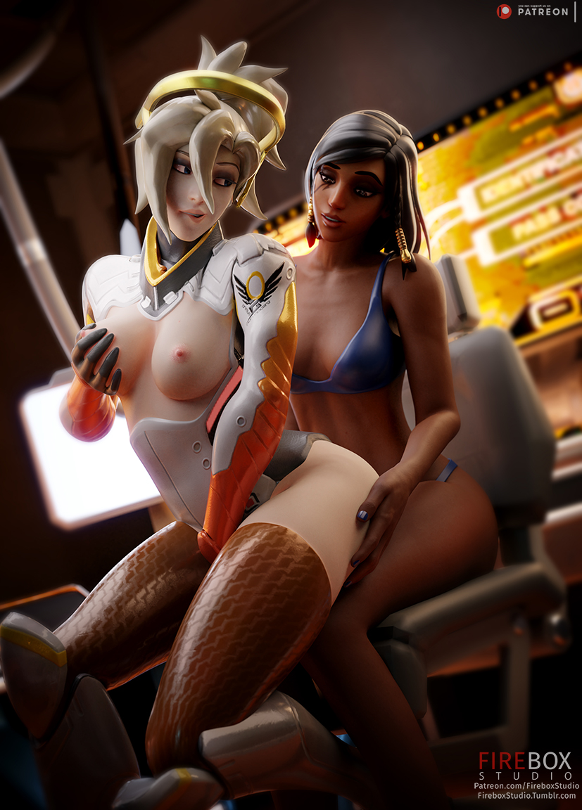 2girls, 3d, angela ziegler, areolae, blender, blizzard entertainment, breasts, cleavage, dark skin, dark-skinned female, female, female only, fireboxstudio, hand on breast, mercy, nipples, overwatch, patreon username, pharah, thighhighs, tumblr username, yuri