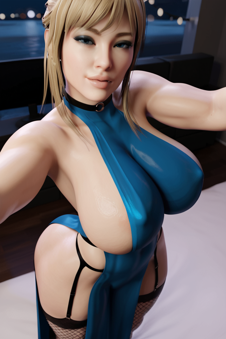 1girls 3d 3d_(artwork) ai_generated big_ass big_breasts blonde_female blonde_hair blonde_hair busty choker dress fishnet_legwear fishnets garter_belt garter_straps high_heels izzy(oc) long_hair radnsad selfie solo solo_female solo_focus thick_thighs