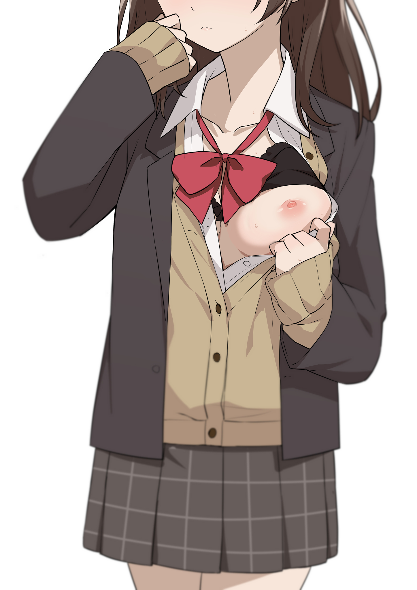 1girls, black bra, bra lift, breasts, brown hair, faceless female, female, hige wo soru. soshite joshikousei wo hirou., long hair, looking to the side, medium breasts, morisobo, ogiwara sayu, one breast out, open shirt, school uniform, shy, white background