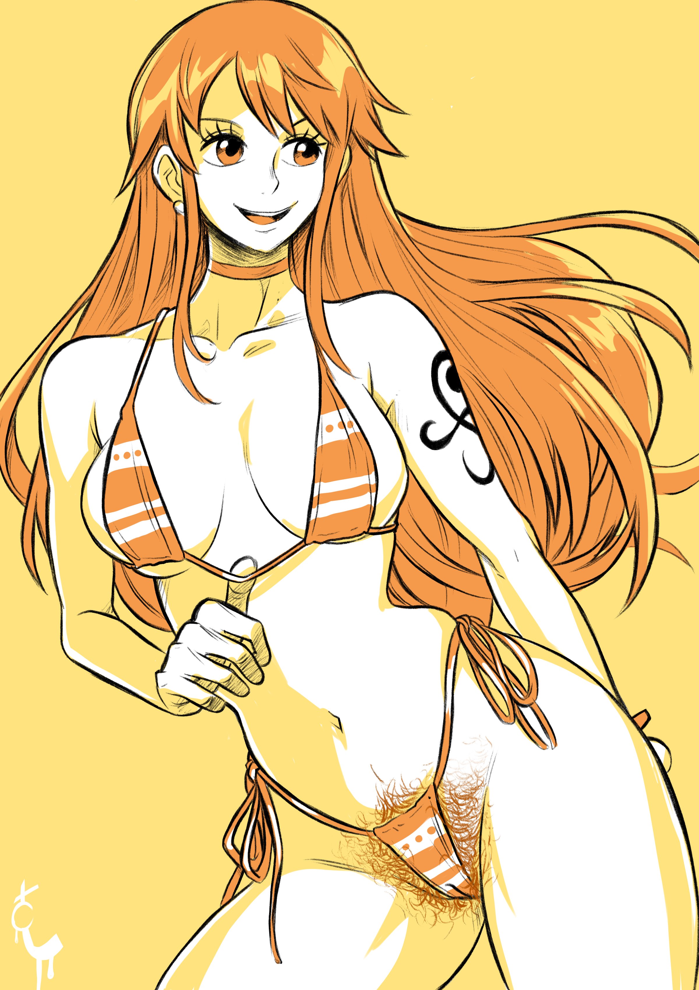 1girls, arm tattoo, bikini, black tattoo, choker, female, female only, hairy pussy, long hair, nami (one piece), one piece, orange eyes, orange hair, orange-haired female, post-timeskip, pubic hair, pubic hair peek, pussy, side-tie bikini, smile, solo, striped bikini, tattoo, turtlechan, very high resolution, yellow background
