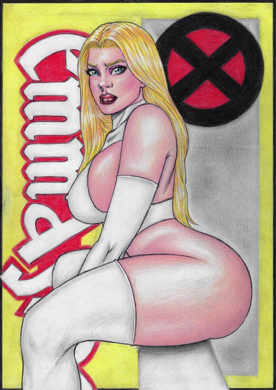 big_ass blonde_hair blue_eyes breasts cleavage comic_cover curvy curvy_female dat_ass emma_frost female large_breasts luciano_barbosa marvel marvel_comics nipple_bulge thick_thighs thighhighs traditional_media_(artwork) tramastudio white_queen x-men