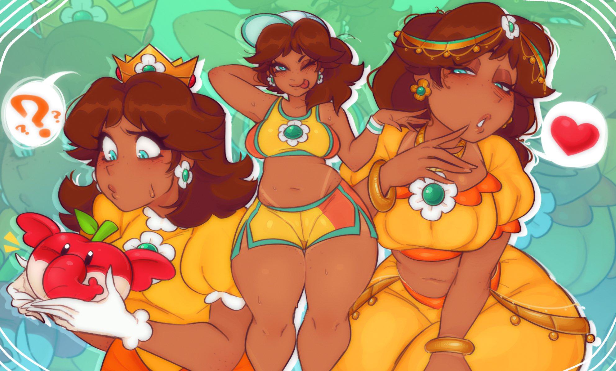 1girls, artist request, big breasts, blue eyes, breasts, brown hair, crown, earrings, elephant fruit, female, flower earrings, gloves, gold crown, large breasts, looking at viewer, mario (series), mario kart, mario kart tour, mario kart world, nintendo, one eye closed, princess daisy, princess daisy (oasis), princess daisy (swimwear), short hair, sprinklecake00z, super mario bros., super mario bros. wonder, sweat, white gloves, wink, winking at viewer