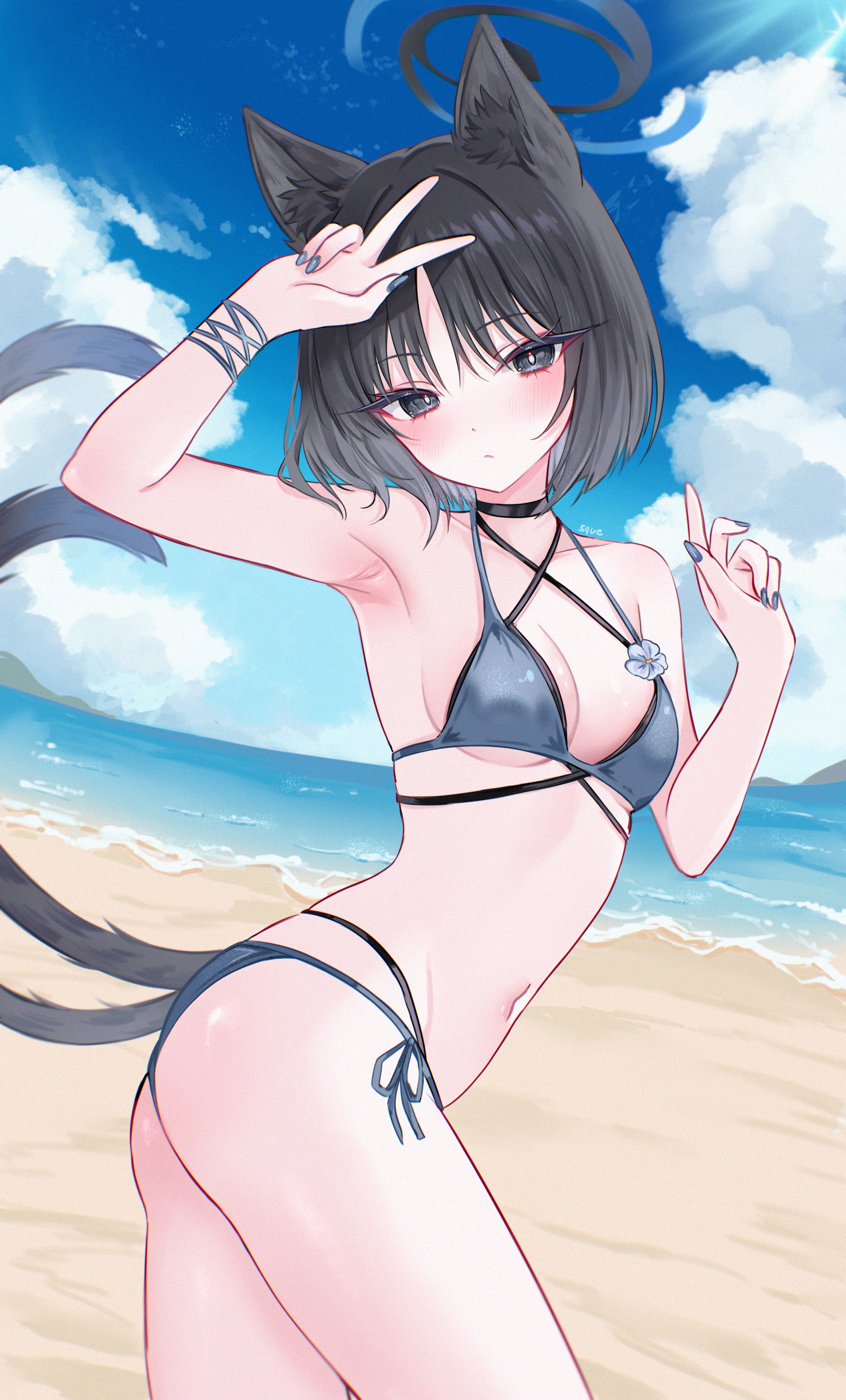 2 tails, bikini, black eyes, black hair, blue archive, breasts, female, kikyou (blue archive), kikyou (swimsuit) (blue archive), peace sign, short hair, small breasts, tail, zxcsque