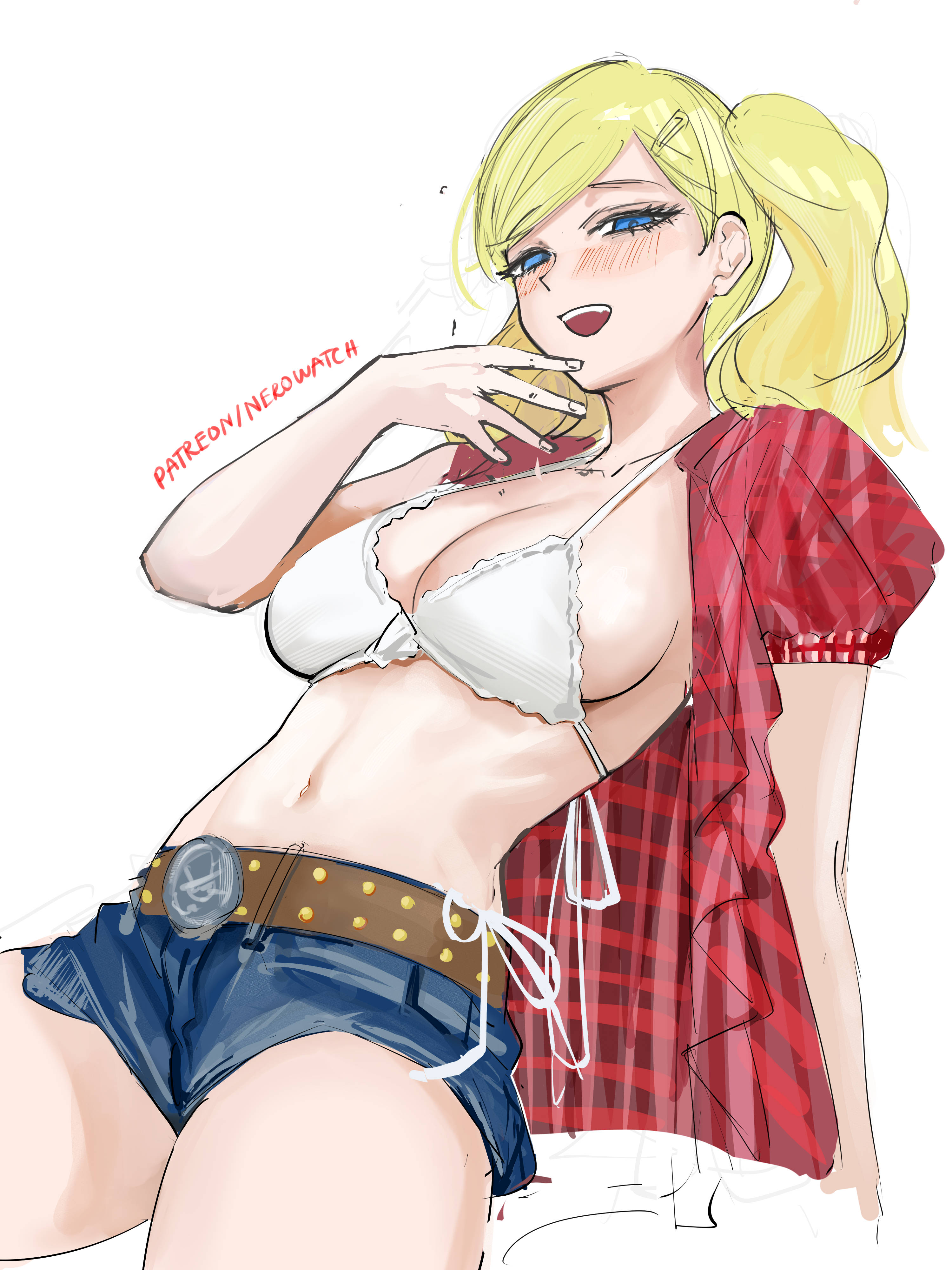 1girls, 3:4, ann takamaki, big breasts, bikini top, blonde hair, blue eyes, blush, breasts, cleavage, cosplay, denim, denim shorts, female, female only, gingham, hi res, highres, jean shorts, kwon eun-bi, kwon eun-bi (cosplay), large breasts, long hair, megami tensei, navel, nero watch, open mouth, open shirt, patreon username, persona, persona 5, smile, twintails, waterbomb