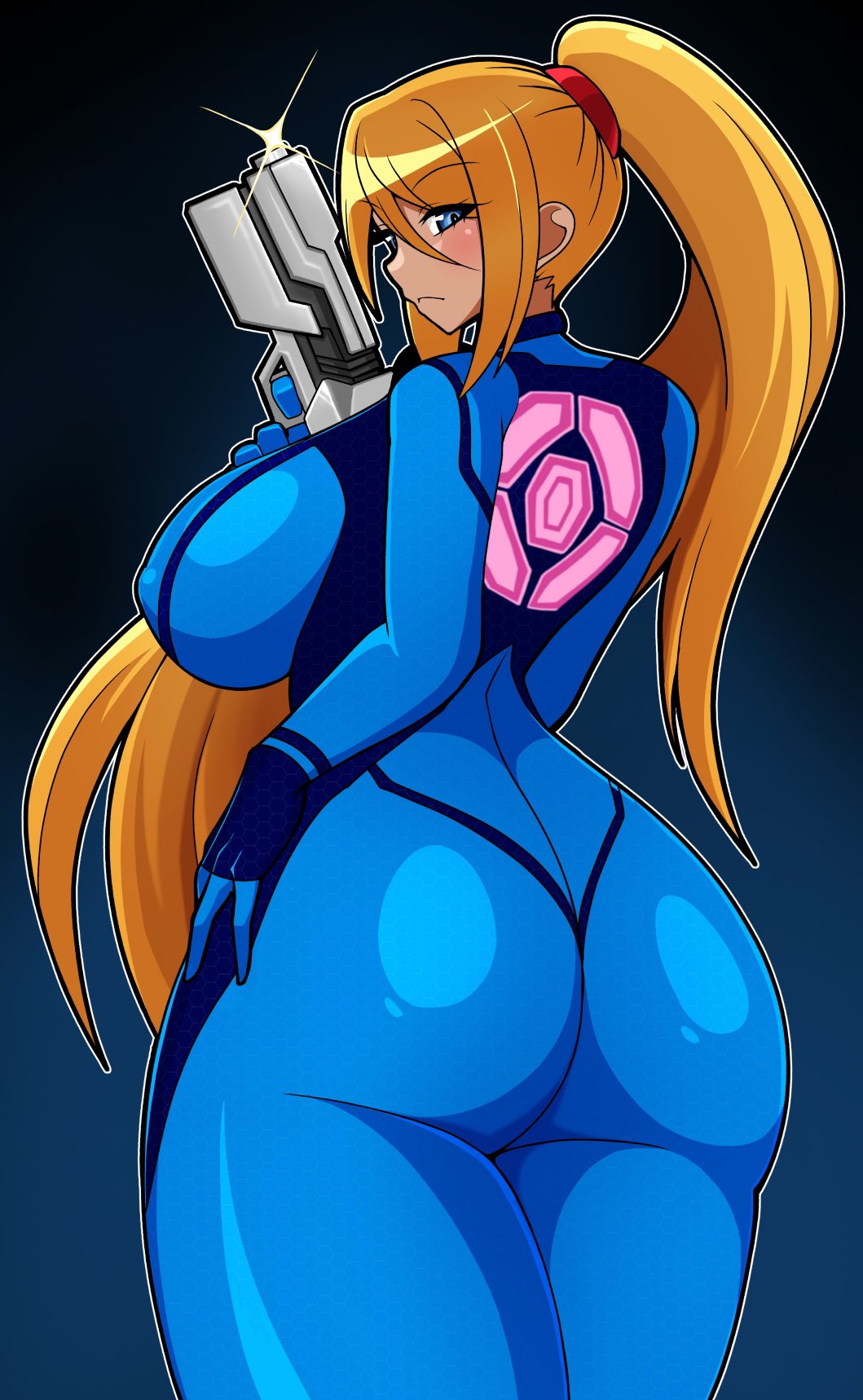 ass, big boobs, big breast, big breasts, blonde, blonde female, blonde hair, blonde-haired female, blue eyes, bodysuit, breasts, female, female only, fully clothed, huge breasts, iriomote umineko, large breast, large breasts, long hair, metroid, nintendo, samus aran, shiny clothes, thick thighs, tight clothing, zero suit, zero suit samus