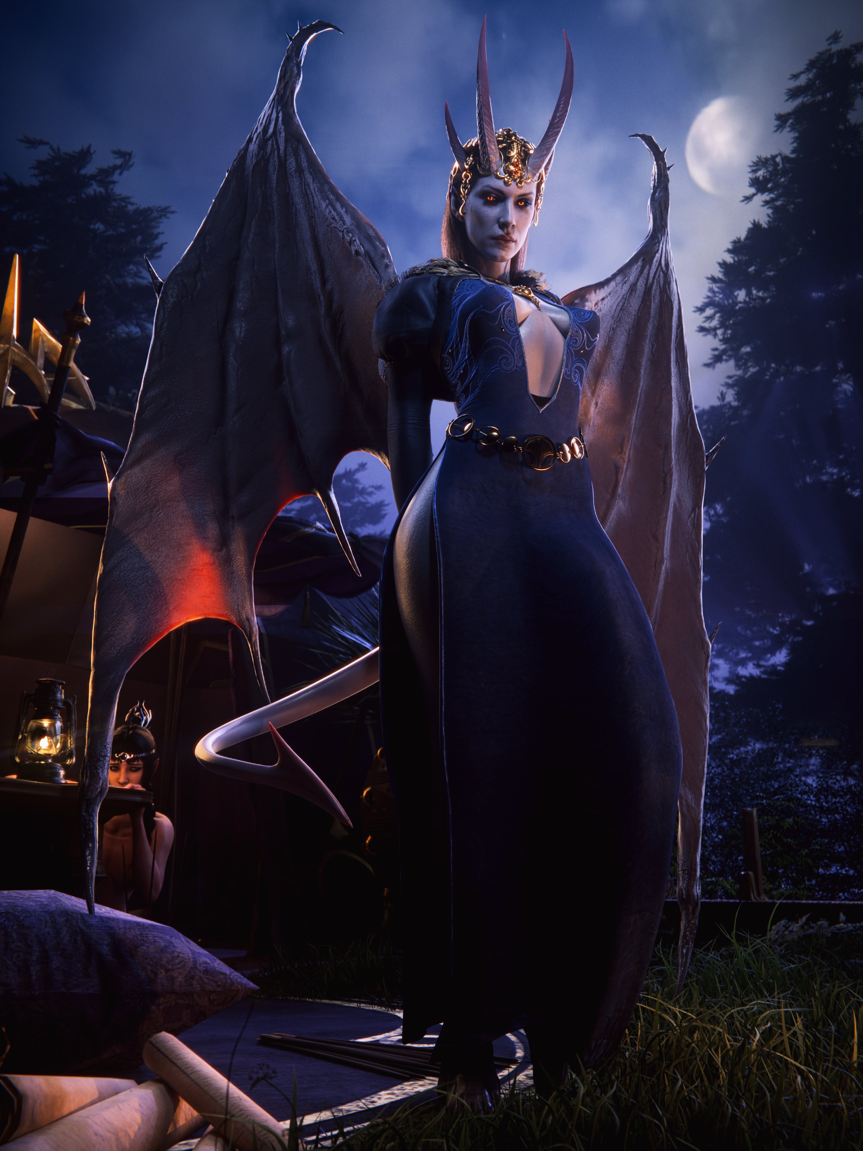 2025, 2girls, 3d, 3d (artwork), athletic, athletic female, baldur's gate, baldur's gate 3, blender, breasts, cleavage, clothed, clothed female, demon, demon girl, demon horns, detailed background, dress, elf, elf ears, elf female, fantasy, female, female focus, female only, glowing eyes, grey body, grey skin, hi res, highres, looking at viewer, medium breasts, mizora, pastelhole, pose, posing, presenting, shadowheart, shadowheart (baldur's gate), showing off, succubus, thick thighs, viewed from below, watermark