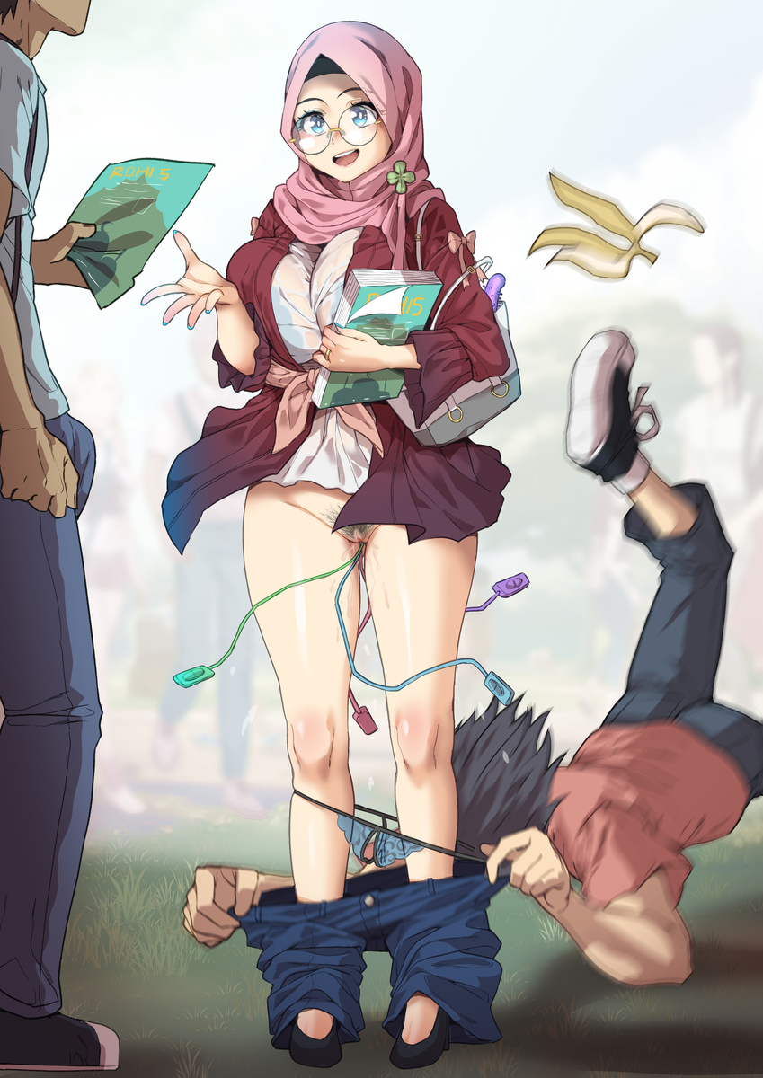 1girls, 2boys, accidental erection, accidental exposure, asma, banana peel, crotchless panties, female, flyer, hijab, hijabi, male, multiple vibrators, original, original character, pants pull, pants pulled down, pantsed, paper, pussy, pussy juice, pussy juice drip, see-through clothing, slipped, tagme, tripping, unaware, underwear, wet, wet pussy