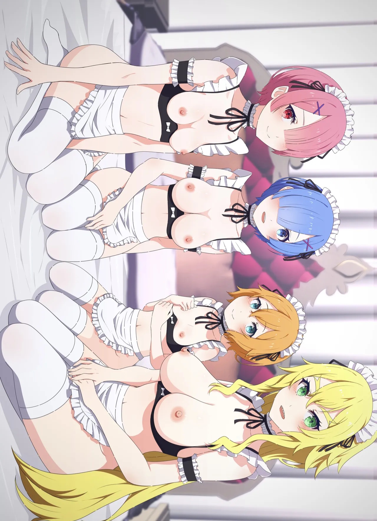 4girls, apron, big breasts, blonde hair, blue eyes, blue hair, breasts, female, frederica baumann, green eyes, large breasts, long hair, maid, maid headdress, maid uniform, mini apron, na-kun, orange hair, petra leyte, pink eyes, pink hair, ram (re:zero), re:zero kara hajimeru isekai seikatsu, rem (re:zero), short hair, small breasts, young, young girl