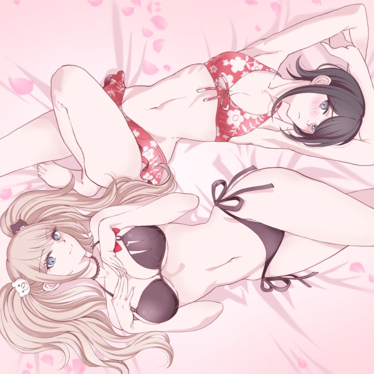 2girls, big breasts, bikini, black hair, blonde hair, blue eyes, breasts, cleavage, danganronpa, danganronpa (series), danganronpa s: ultimate summer camp, danganronpa: trigger happy havoc, female, female only, freckles, junko enoshima, medium breasts, moon0771110, mukuro ikusaba, sisters, sole female