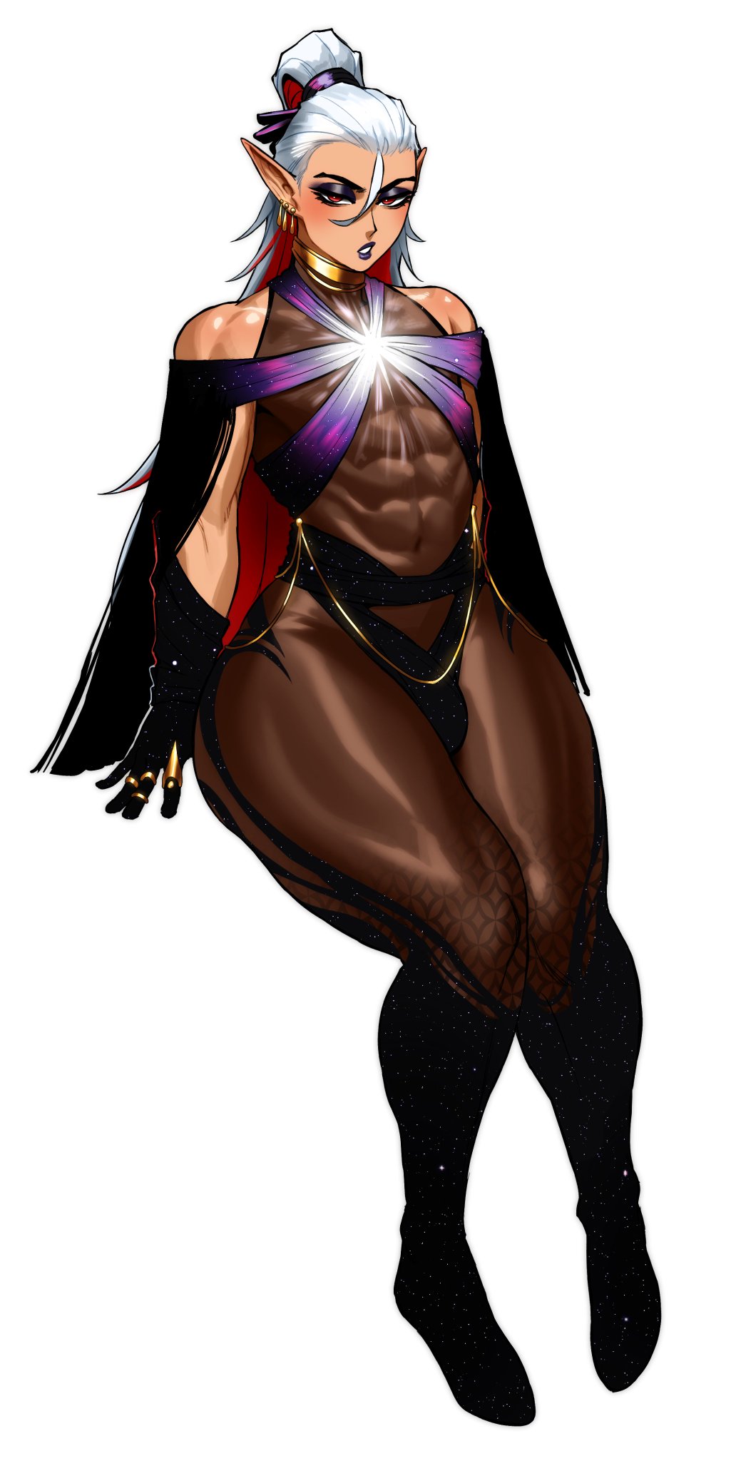 2d, 2d (artwork), 2d artwork, abs, bare shoulders, big hips, black eyeshadow, black lips, bulge, crossdressing, crossdressing male, curvy, curvy body, curvy figure, curvy male, digital drawing (artwork), digital media (artwork), eyeshadow, femboy, hi res, hips, hips wider than shoulders, impossible clothes, male, muscular, muscular femboy, nova (sotcho), pointy ears, red and white hair, red eyes, red-eyed male, sotcho, thick legs, thick thighs, thighs, two-tone hair, wide hips