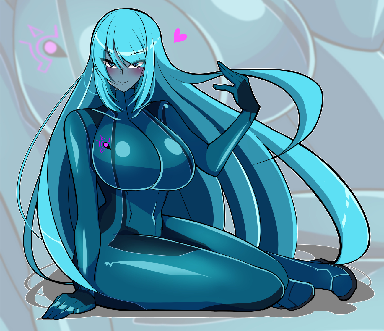 1girls, alien, aqua hair, big boobs, big breast, big breasts, blue eyes, blue hair, blue-haired female, bodysuit, breasts, dark samus, female, grey skin, iriomote umineko, large breast, large breasts, long hair, metroid, nintendo, sitting, skin tight, very long hair, zero suit, zero suit dark samus